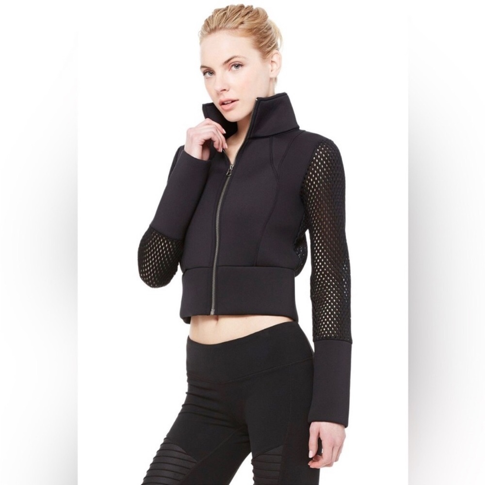 ALO yoga black cropped scuba zip front bomber mesh sleeve jacket Small